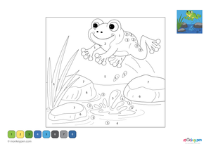 Color-by-number worksheet of a jumping frog in a pond scene – free download for kids to color the frog and water surroundings.

