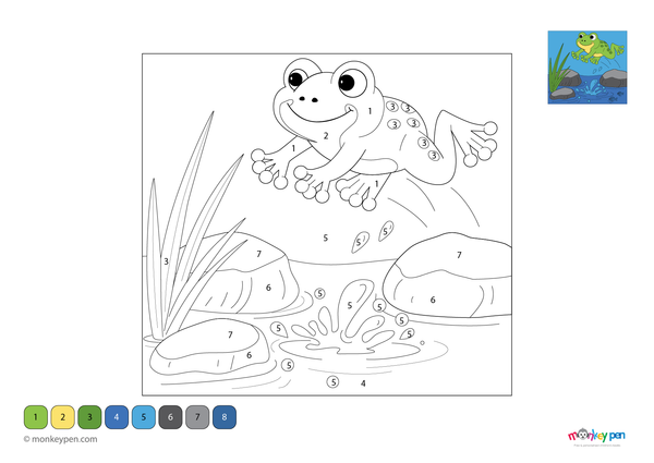 Color-by-number worksheet of a jumping frog in a pond scene – free download for kids to color the frog and water surroundings.

