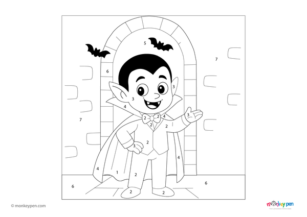 Color-by-number worksheet of a smiling young vampire – free download to color cape, teeth, and festive Halloween scene.