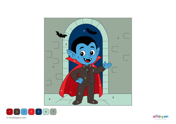 Color-by-number worksheet of a smiling young vampire – free download to color cape, teeth, and festive Halloween scene.