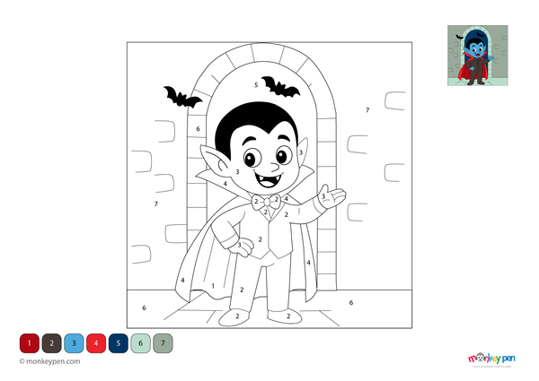 Color-by-number worksheet of a smiling young vampire – free download to color cape, teeth, and festive Halloween scene.