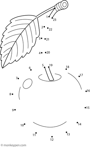Printable dot-to-dot worksheet featuring cherry with a leaf for children to connect and color.