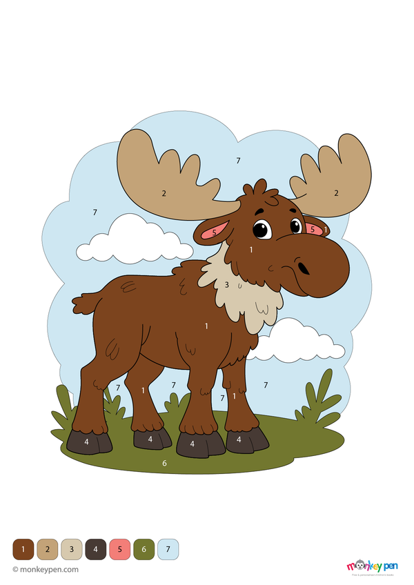 Color-by-number worksheet of a gentle moose in a forest scene – free download for preschoolers to color antlers, fur, and trees.

