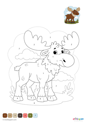 Color-by-number worksheet of a gentle moose in a forest scene – free download for preschoolers to color antlers, fur, and trees.

