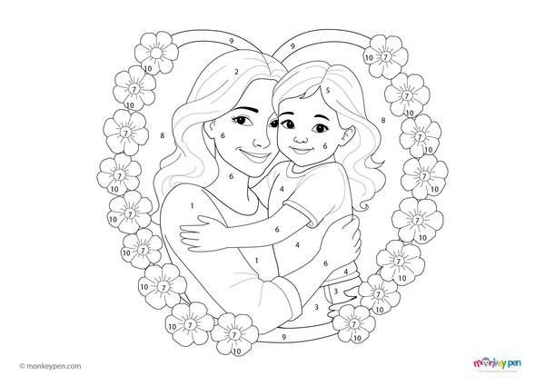 Downloadable color-by-number worksheet of a mother hugging her child, with numbered areas for clothing, faces, and background.

