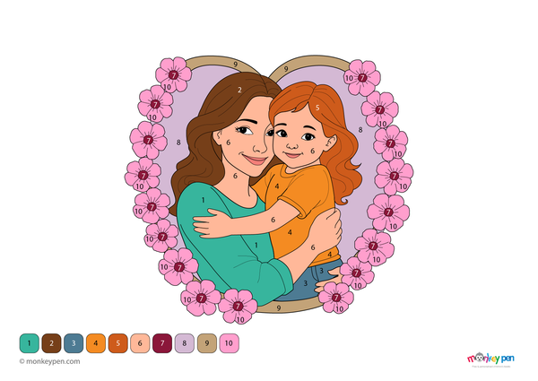 Downloadable color-by-number worksheet of a mother hugging her child, with numbered areas for clothing, faces, and background.


