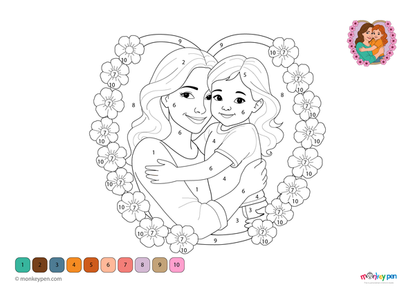 Downloadable color-by-number worksheet of a mother hugging her child, with numbered areas for clothing, faces, and background.

