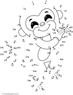Printable dot-to-dot worksheet of a cheerful monkey for children to connect and color.