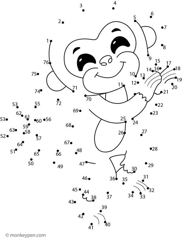 Printable dot-to-dot worksheet of a cheerful monkey for children to connect and color.