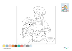 Downloadable color-by-number worksheet of a mom and child spending time together in a kitchen, with numbered areas for clothing, faces, and background.

