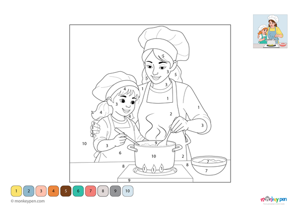 Downloadable color-by-number worksheet of a mom and child spending time together in a kitchen, with numbered areas for clothing, faces, and background.

