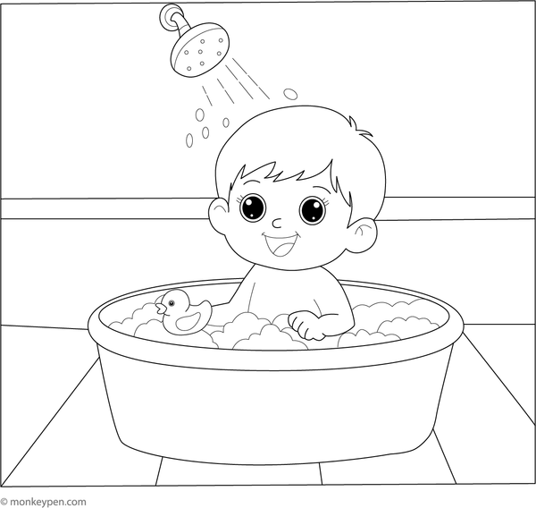 Baby in a bubble bath with bubbles and a rubber duck, ready for coloring.