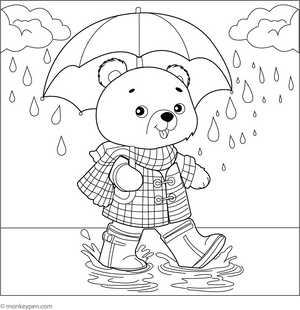 Bear in Raincoat Coloring Page