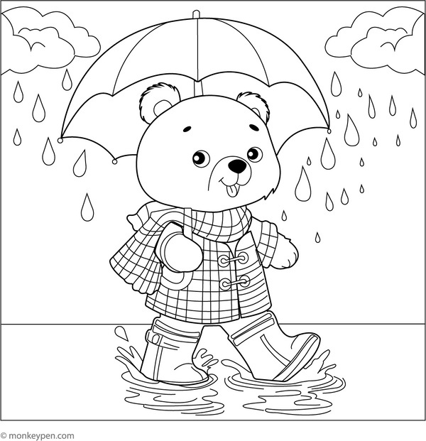 Bear in Raincoat Coloring Page