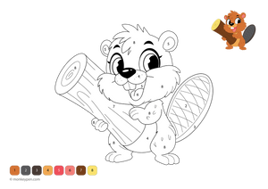 Free downloadable beaver color-by-number worksheet showing a cute woodland animal with numbered sections on its tail, paws, and fur—a creative activity that helps kids practice numbers and colors through fun.