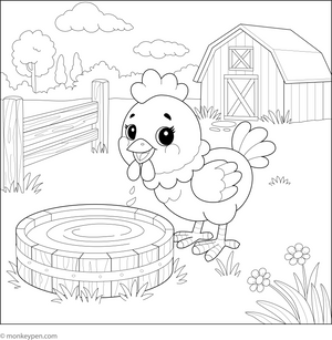 Chicken at Water Trough Coloring Page