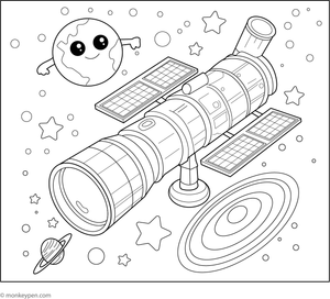 An educational colouring sheet displaying the Hubble Space Telescope orbiting Earth, suitable for young learners interested in astronomy.