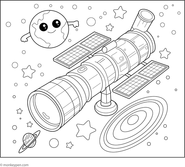 An educational colouring sheet displaying the Hubble Space Telescope orbiting Earth, suitable for young learners interested in astronomy.
