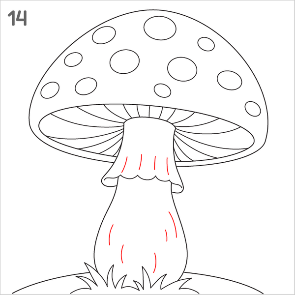 Mushroom sketch guide with cap texture and stem details.
