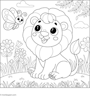 Lion and Butterfly Coloring Page
