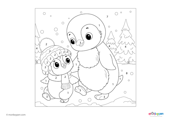 Color-by-number worksheet of a penguin with a scarf – free download for kids to color feathers, scarf, and snowy background.
