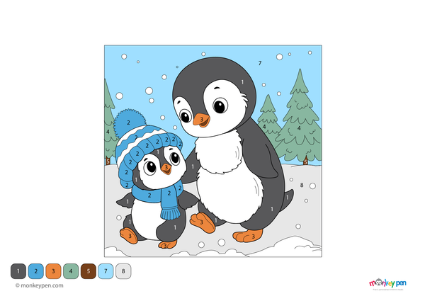 Color-by-number worksheet of a penguin with a scarf – free download for kids to color feathers, scarf, and snowy background.

