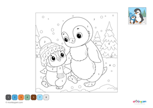 Color-by-number worksheet of a penguin with a scarf – free download for kids to color feathers, scarf, and snowy background.
