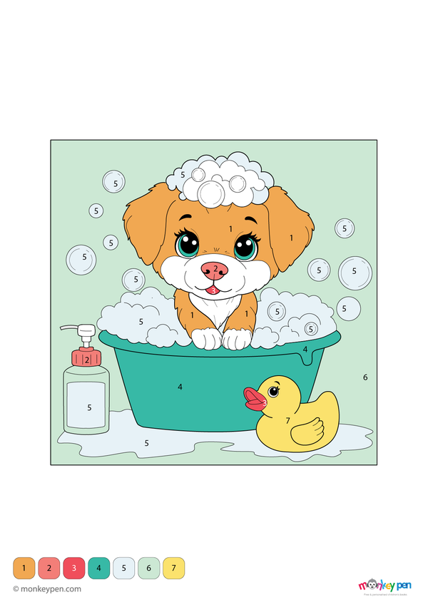 Color-by-number worksheet of a puppy bath time – free download for kids to color fur, bubbles, and fun bathroom scene.
