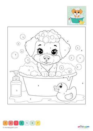 Color-by-number worksheet of a puppy bath time – free download for kids to color fur, bubbles, and fun bathroom scene.
