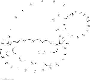 Dot-to-dot illustration revealing a Santa hat with a fluffy brim and pom-pom, designed for children to trace and color for Christmas.