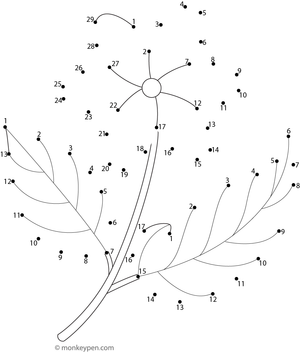 Connect-the-dots image displaying a jasmine flower with five petals and a brief stem, ready to be colored after completion.