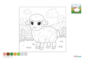 Color-by-number worksheet of a sheep in a pasture – free download for kids to color wool, grass, and peaceful farm background.