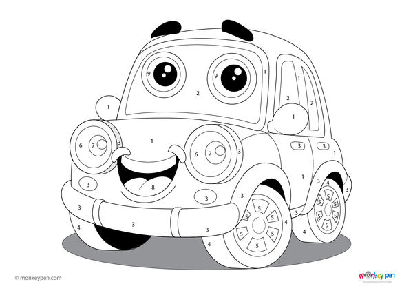 Color-by-number worksheet of a smiling car in town – free download for kids to color car, streets, buildings, and city scene

