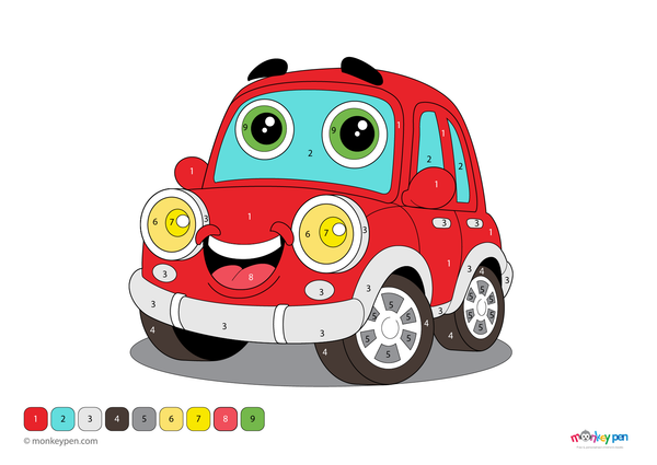 Color-by-number worksheet of a smiling car in town – free download for kids to color car, streets, buildings, and city scene
