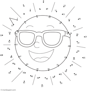 Dot-to-dot illustration forming a smiling sun with rays, ready for children to trace and color in cheerful hues.