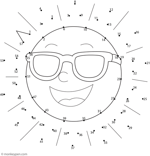 Dot-to-dot illustration forming a smiling sun with rays, ready for children to trace and color in cheerful hues.