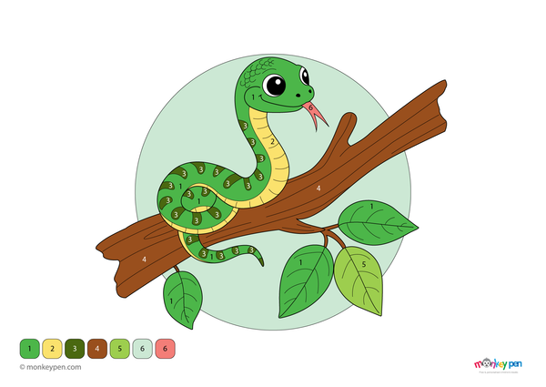 Color-by-number worksheet of a snake on a tree branch – free download for kids to color scales, branch, and surrounding leaves.
