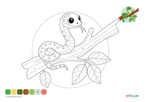 Color-by-number worksheet of a snake on a tree branch – free download for kids to color scales, branch, and surrounding leaves.