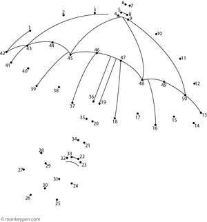 Connect-the-dots drawing of an open umbrella with a curved handle, designed for children to outline and creatively color.