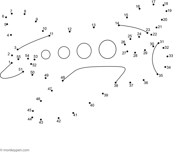 Dot-to-dot image illustrating a cartoon airplane with wings and tail, ready to be colored after tracing