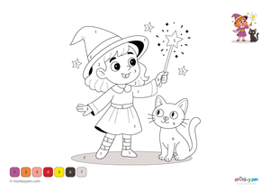Color-by-number worksheet of a character casting a spell – free download for kids to color wand, robe, and magical effects.
