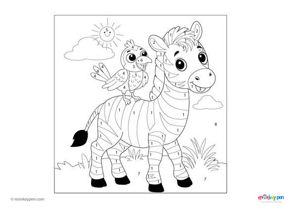 Color-by-number worksheet of a zebra and bird – free download for kids to color zebra stripes, bird feathers, and background.
