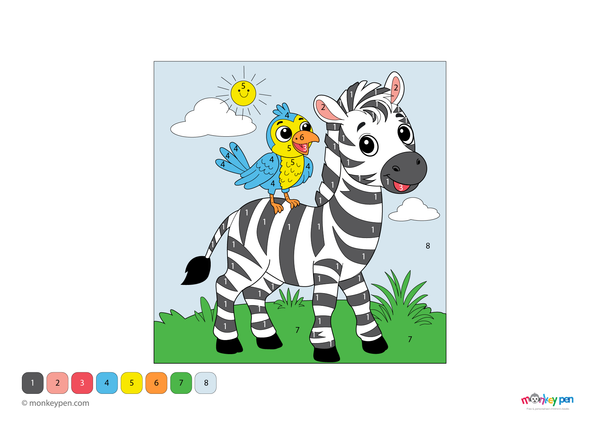 Color-by-number worksheet of a zebra and bird – free download for kids to color zebra stripes, bird feathers, and background.
