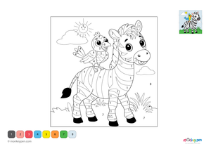 Color-by-number worksheet of a zebra and bird – free download for kids to color zebra stripes, bird feathers, and background.

