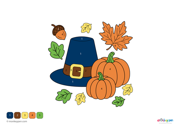 Color-by-number worksheet of a pilgrim hat and pumpkins – free download for kids to color festive fall and Thanksgiving elements.
