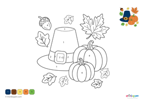 Color-by-number worksheet of a pilgrim hat and pumpkins – free download for kids to color festive fall and Thanksgiving elements.
