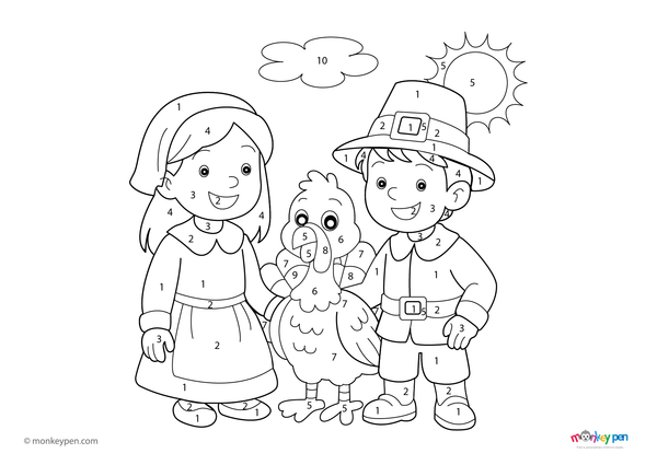 Color-by-number worksheet of pilgrim children with a turkey – free download for kids to color outfits, feathers, and fall scene.
