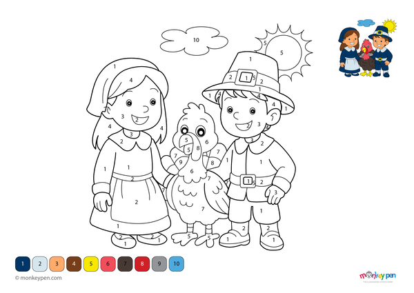 Color-by-number worksheet of pilgrim children with a turkey – free download for kids to color outfits, feathers, and fall scene.
