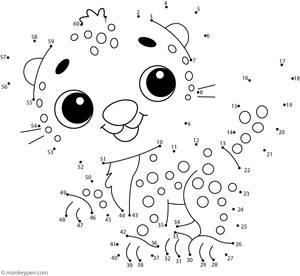 Dot to dot worksheet depicting a cartoon cheetah with spots and long legs for children to connect and color.