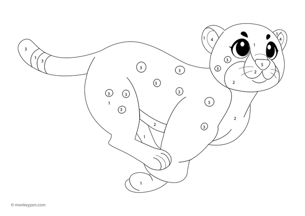Downloadable cheetah color-by-number worksheet featuring numbered sections on its spots, tail, and sleek body—a free printable activity that helps kids explore numbers and colors through a fun wildlife theme.